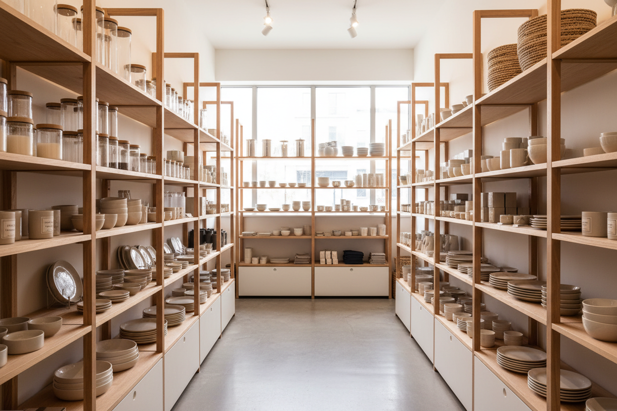 Фото уютного интерьера магазина с аккуратными стеллажами, заполненными товарами для дома — контейнеры, посуда, текстиль, бытовые мелочи. Светлый фон, естественное освещение, нейтральные цвета (бежевый, белый, светло-серый). Атмосфера чистоты и порядка, современный минималистичный стиль.