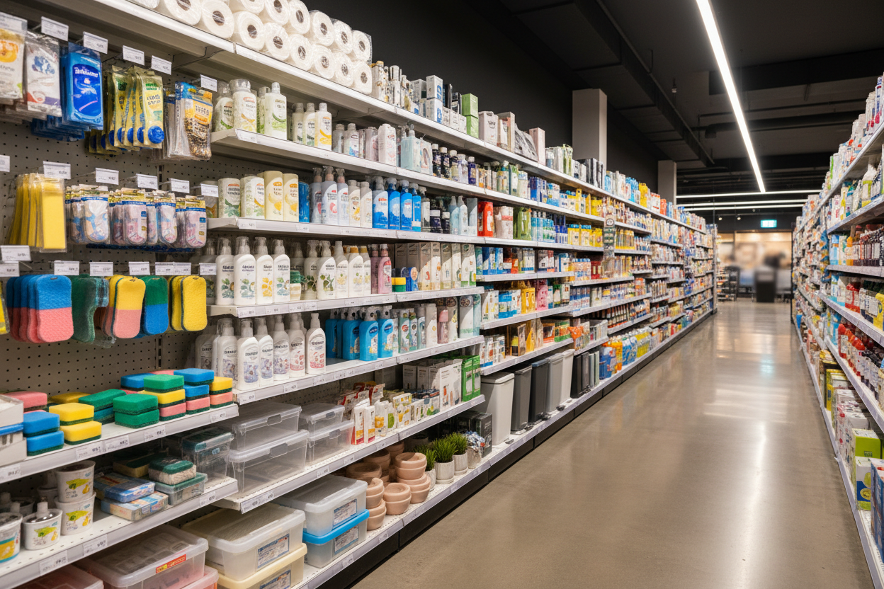 "Modern supermarket aisle filled with neatly arranged household goods and home supplies: cleaning products, detergents, sponges, paper towels, storage containers, air fresheners, light bulbs, home accessories. Bright lighting, clean shelves, realistic photography style, high-quality product presentation, cozy and organized atmosphere. Perfect for a website hero section, wide-angle shot, professional commercial photo."